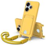 For Redmi 13 4G / 13 5G / Note 13R 5G Integrated Card Bag Solid Color Liquid Silicone Phone Case Gen2 with Short Lanyard(Yellow)