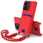For Redmi 13C 4G / 13C 5G / 13R 5G Integrated Card Bag Solid Color Liquid Silicone Phone Case Gen2 with Short Lanyard(Red)
