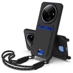 For Redmi A3 4G / A3x 4G / Poco C61 Integrated Card Bag Solid Color Liquid Silicone Phone Case Gen2 with Short Lanyard(Black)