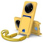 For Redmi A3 4G / A3x 4G / Poco C61 Integrated Card Bag Solid Color Liquid Silicone Phone Case Gen2 with Short Lanyard(Yellow)