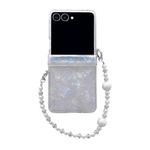 For Samsung Galaxy Z Flip7 5G Three Parts Pearlescent Shell Texture Phone Case with Bracelet(Beige)