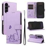 For Samsung Galaxy S25 FE 5G Adorable Cat Embossed Pattern Flip Leather Phone Case(Purple)