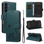 For Samsung Galaxy S25 FE 5G Adorable Cat Embossed Pattern Flip Leather Phone Case(Dark Green)