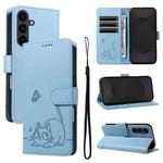 For Samsung Galaxy S25 FE 5G Adorable Cat Embossed Pattern Flip Leather Phone Case(Sky Blue)