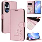 For Honor 70 Litter Panda Embossing RFID Leather Phone Case with Lanyard(Pink)