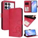 For Xiaomi Poco F6 Pro Litter Panda Embossing RFID Leather Phone Case with Lanyard(Rose Red)