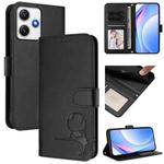 For Redmi 12 4G / 12 5G Global / India Litter Panda Embossing RFID Leather Phone Case with Lanyard(Black)