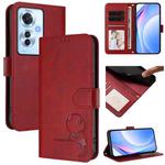 For OPPO Reno11 F 5G Global Litter Panda Embossing RFID Leather Phone Case with Lanyard(Wine Red)