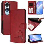 For OPPO A60 4G Global Litter Panda Embossing RFID Leather Phone Case with Lanyard(Wine Red)