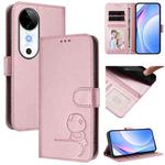 For vivo S19 Litter Panda Embossing RFID Leather Phone Case with Lanyard(Pink)