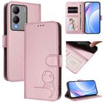 For vivo Y17s Litter Panda Embossing RFID Leather Phone Case with Lanyard(Pink)