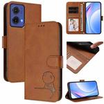 For Motorola Moto G85 5G Litter Panda Embossing RFID Leather Phone Case with Lanyard(Brown)