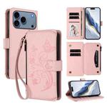 For iPhone 17 Pro Butterfly Love Flower Multi-card Zipper Wallet Leather Phone Case(Pink)