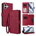 For iPhone 17 Butterfly Love Flower Multi-card Zipper Wallet Leather Phone Case(Wine Red)