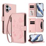 For iPhone 17 Butterfly Love Flower Multi-card Zipper Wallet Leather Phone Case(Pink)