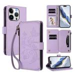 For iPhone 16 Pro Max Butterfly Love Flower Multi-card Zipper Wallet Leather Phone Case(Light Purple)