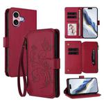 For iPhone 16 Butterfly Love Flower Multi-card Zipper Wallet Leather Phone Case(Wine Red)