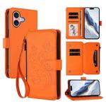 For iPhone 16 Butterfly Love Flower Multi-card Zipper Wallet Leather Phone Case(Orange)