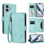 For iPhone 16 Butterfly Love Flower Multi-card Zipper Wallet Leather Phone Case(Mint Green)