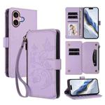 For iPhone 16 Butterfly Love Flower Multi-card Zipper Wallet Leather Phone Case(Light Purple)