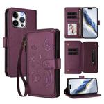 For iPhone 15 Pro Butterfly Love Flower Multi-card Zipper Wallet Leather Phone Case(Dark Purple)