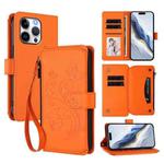 For iPhone 15 Pro Butterfly Love Flower Multi-card Zipper Wallet Leather Phone Case(Orange)