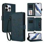 For iPhone 15 Pro Butterfly Love Flower Multi-card Zipper Wallet Leather Phone Case(Dark Green)