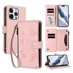 For iPhone 15 Pro Butterfly Love Flower Multi-card Zipper Wallet Leather Phone Case(Pink)