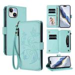 For iPhone 15 Plus Butterfly Love Flower Multi-card Zipper Wallet Leather Phone Case(Mint Green)