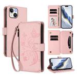 For iPhone 15 Plus Butterfly Love Flower Multi-card Zipper Wallet Leather Phone Case(Pink)