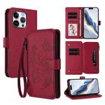 For iPhone 14 Pro Max Butterfly Love Flower Multi-card Zipper Wallet Leather Phone Case(Wine Red)
