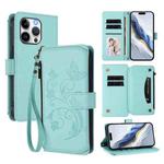 For iPhone 14 Pro Max Butterfly Love Flower Multi-card Zipper Wallet Leather Phone Case(Mint Green)