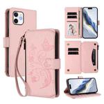 For iPhone 12 / 12 Pro Butterfly Love Flower Multi-card Zipper Wallet Leather Phone Case(Pink)