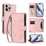 For iPhone 12 Pro Max Butterfly Love Flower Multi-card Zipper Wallet Leather Phone Case(Pink)