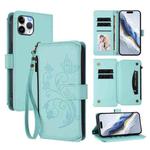 For iPhone 11 Pro Max Butterfly Love Flower Multi-card Zipper Wallet Leather Phone Case(Mint Green)