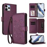 For iPhone 11 Pro Butterfly Love Flower Multi-card Zipper Wallet Leather Phone Case(Dark Purple)