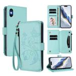 For iPhone X / XS Butterfly Love Flower Multi-card Zipper Wallet Leather Phone Case(Mint Green)