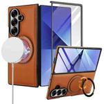 For Samsung Galaxy Z Fold7 5G Folding Rotation Holder MagSafe Film Integrated Leather Phone Case(Brown)