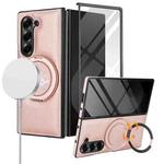 For Samsung Galaxy Z Fold5 Folding Rotation Holder MagSafe Film Integrated Leather Phone Case(Rose Gold)