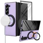 For Samsung Galaxy Z Fold5 Folding Rotation Holder MagSafe Film Integrated Leather Phone Case(Light Purple)