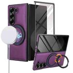 For Samsung Galaxy Z Fold5 Folding Rotation Holder MagSafe Film Integrated Leather Phone Case(Dark Purple)