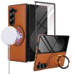 For Samsung Galaxy Z Fold5 Folding Rotation Holder MagSafe Film Integrated Leather Phone Case(Brown)