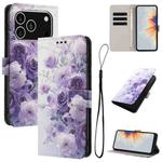 For iPhone 17 Pro Color Drawing Pattern Leather Phone Case(Purple Rose)