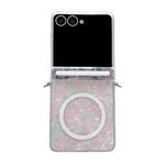 For Samsung Galaxy Flip7 5G Side Buckle Axis Pearlescent Shell Texture MagSafe Phone Case(Pink Green)