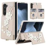For Samsung Galaxy Z Fold5 Crossbody Flower Pattern Leather Phone Case(White)