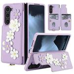 For Samsung Galaxy Z Fold5 Crossbody Flower Pattern Leather Phone Case(Purple)