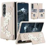 For Samsung Galaxy Z Fold4 Crossbody Flower Pattern Leather Phone Case(White)