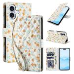 For iPhone 17 Flower Pattern Buckle Leather Phone Case with Lanyard(Orange Flowers)