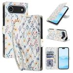 For iPhone 17 Air Flower Pattern Buckle Leather Phone Case with Lanyard(Blue Flowers)