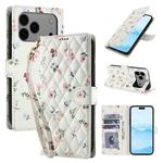 For iPhone 17 Pro Flower Pattern Buckle Leather Phone Case with Lanyard(Pink Flowers)